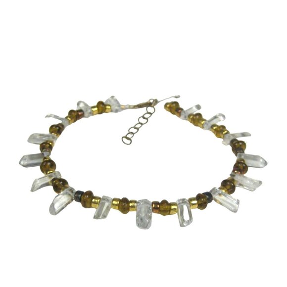 Crystal Stone Beaded Necklace 16 Inch Choker Collar Goldtone Strand Glass FLAW - Picture 1 of 9